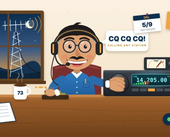Cartoon of a smiling amateur radio operator wearing a headset, hand on the VFO knob of an HF transceiver tuned to 14.205 MHz, tapping a Morse key, with a Yagi antenna on a lattice tower outside the window and QSL cards on the wall