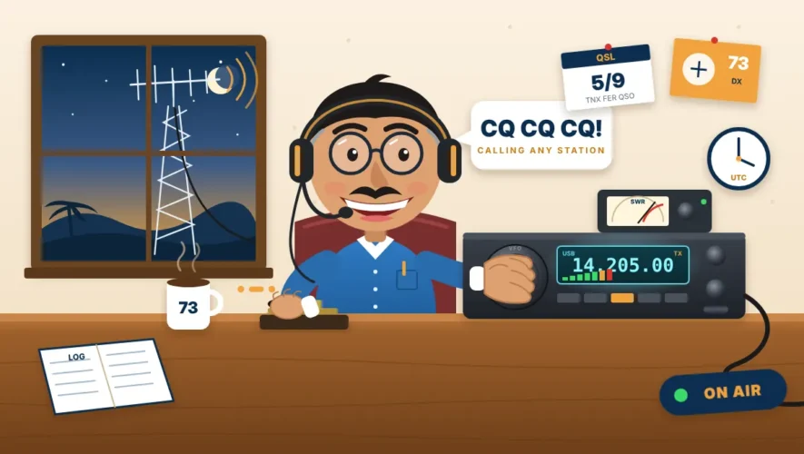 Cartoon of a smiling amateur radio operator wearing a headset, hand on the VFO knob of an HF transceiver tuned to 14.205 MHz, tapping a Morse key, with a Yagi antenna on a lattice tower outside the window and QSL cards on the wall