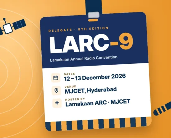 LARC-9 delegate badge graphic: Lamakaan Annual Radio Convention, 12-13 December 2026, MJCET Hyderabad