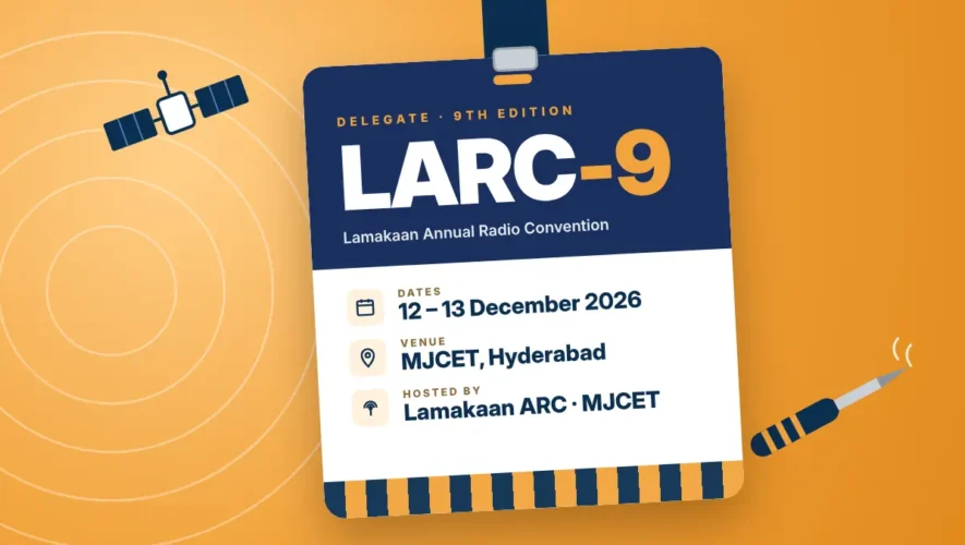 LARC-9 delegate badge graphic: Lamakaan Annual Radio Convention, 12-13 December 2026, MJCET Hyderabad